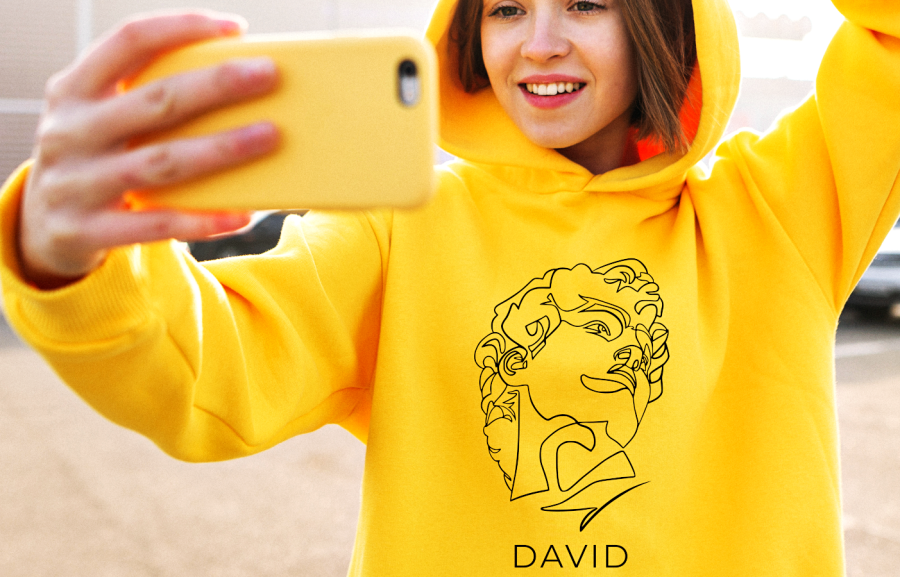 bluza z kapturem DAWID LINE ART sztuka minimalistyczne Michał Anioł rysunek liniowy żółta.png