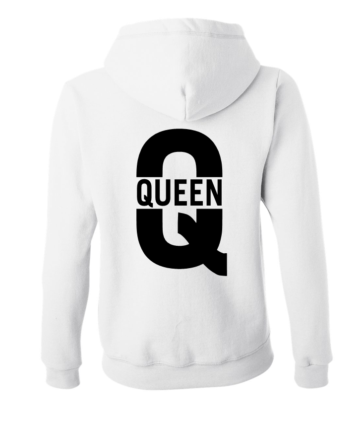 bluza z kapturem damska kangurka QUEEN duże Q dla par zakochanych dla niej walentynki biała.png