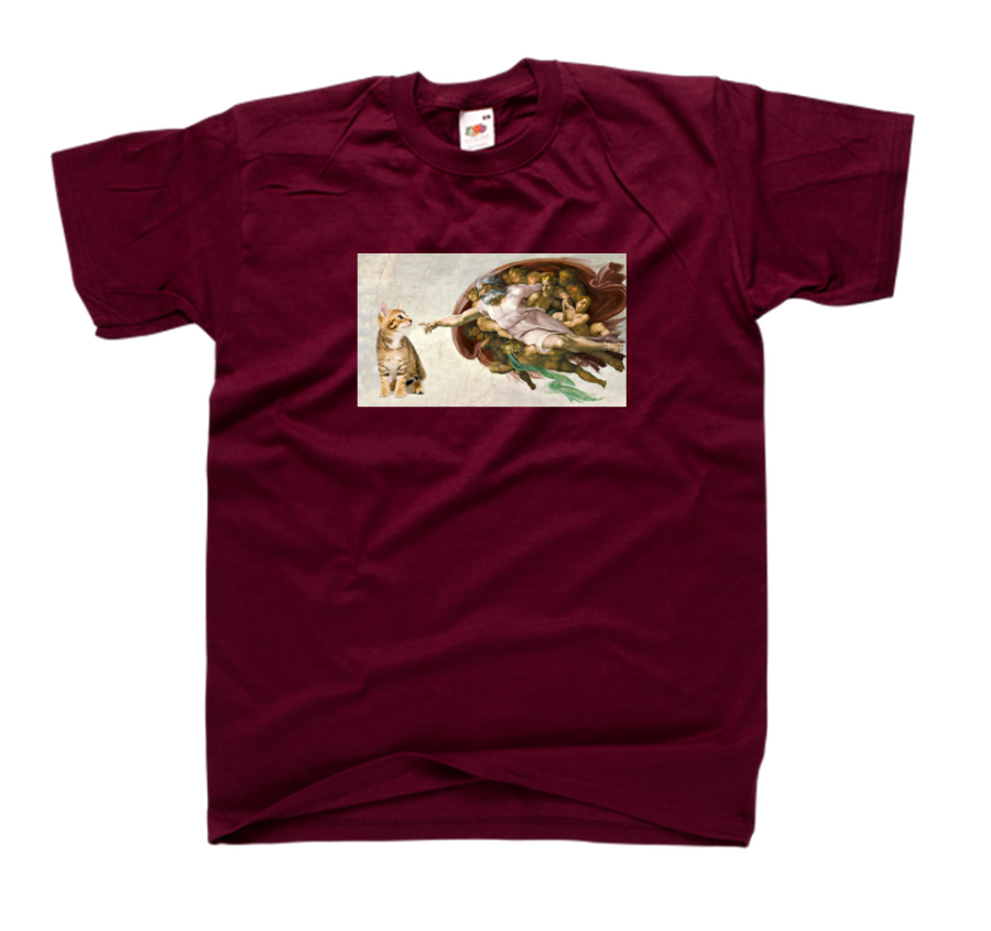 koszulka stworzenie adama kot michał anioł obraz z nadrukiem kocia mama bordowa.png