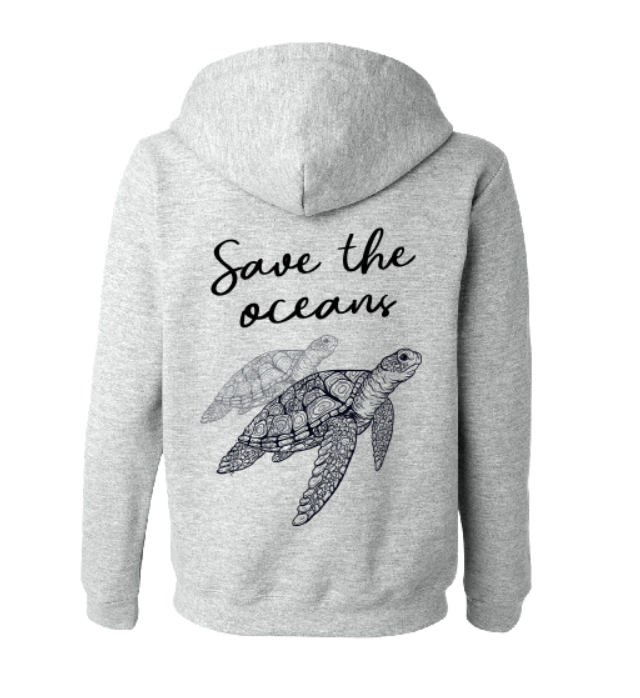bluza z kapturem damska z nadrukiem save the oceans błękitna kangurka ekologia żółw szara.png