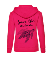 bluza z kapturem damska z nadrukiem save the oceans błękitna kangurka ekologia żółw fuksja.png