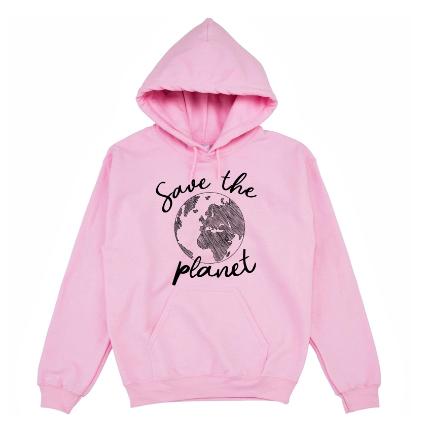 bluza z kapturem damska z nadrukiem save the planet ekologia planeta pudroworóżowa.png