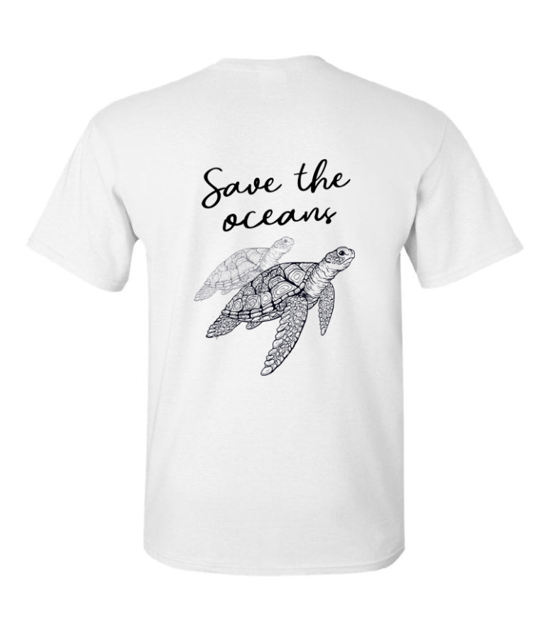 koszulka damska z nadrukiem SAVE THE OCEANS ekologia żółw ocean planeta bialy tyl.png