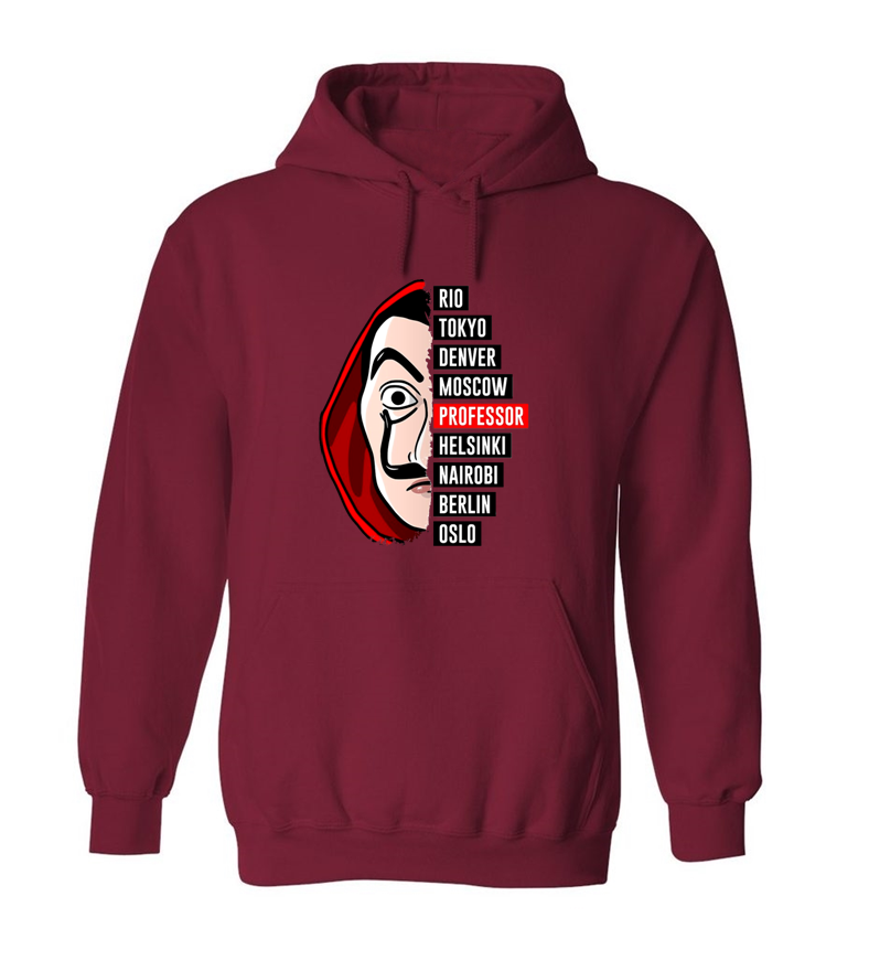 bluza z kapturem z nadrukiem PROFESSOR maska dali dom kangurka bordowa.png