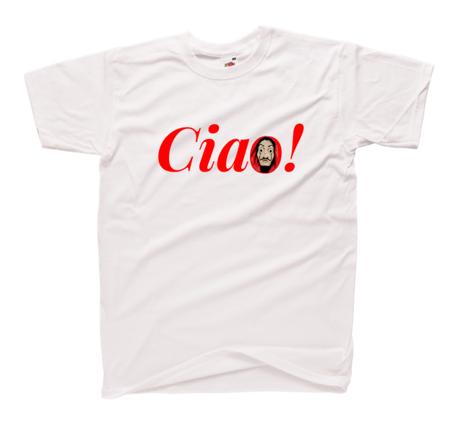 koszulka z nadrukiem CIAO bella maska dali biała.png