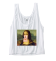 crop top krótka koszulka do pępka z nadrukiem MONA LISA LOLLIPOP lizak Leonardo Da Vinci bluzka odkrywająca brzuch przed pępek biała.png