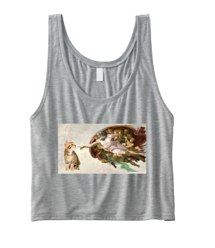Crop top STWORZENIE ADAMA kot Michał Anioł obraz krótka koszulka odkryty brzuch z nadrukiem obraz malarza Michael Angelo