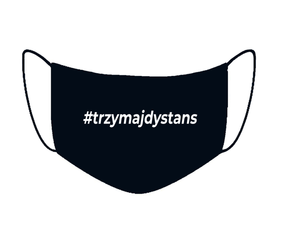 czarna maseczka bawełniana wielorazowa antywirusowa z napisami #TRZYMADYSTANS maska ochronna na twarz.png