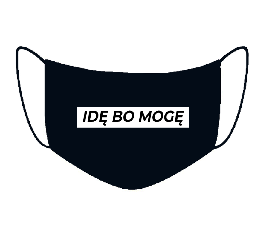 czarna maseczka bawełniana wielorazowa antywirusowa z napisami IDĘ BO MOGĘ maska ochronna na twarz.png