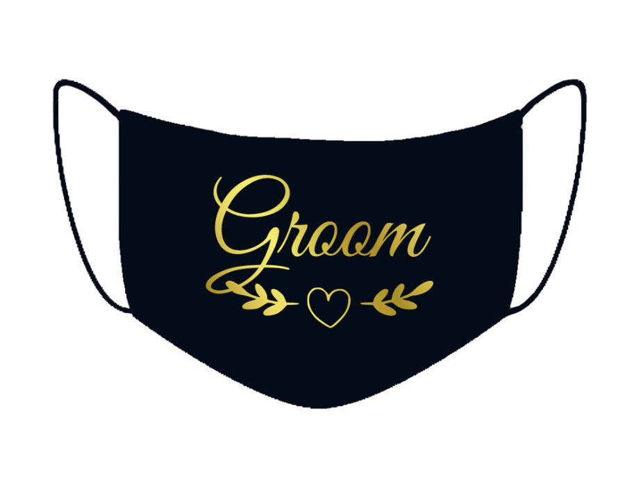 czarna maseczka  z napisem GROOM gałązka PAN MŁODY na ślub ślubna wesele bawełniana wielorazowa dwuwarstwowa antywirusowa maska ochronna na twarz na nos usta.png
