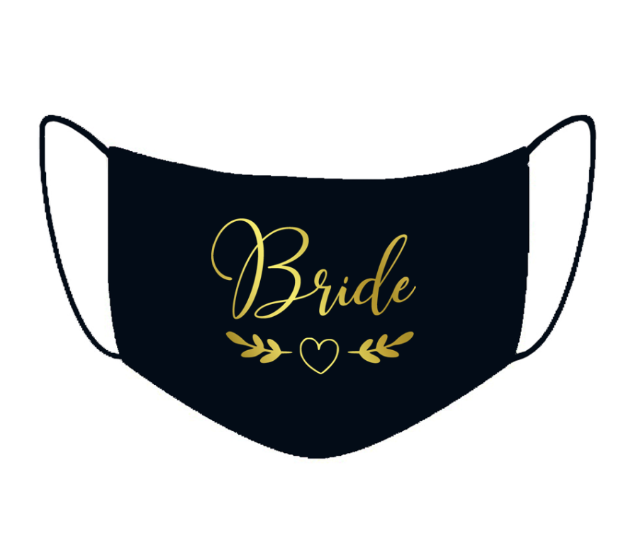 czarna maseczka  z napisem BRIDE panna młoda gałązki na ślub ślubna wesele bawełniana wielorazowa dwuwarstwowa antywirusowa maska ochronna na twarz na nos usta.png