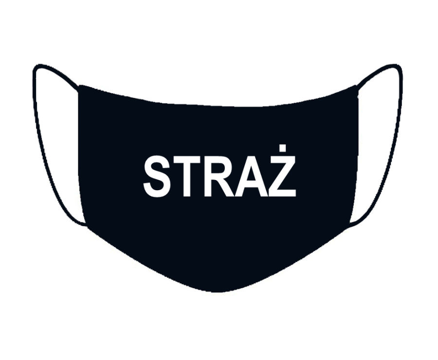 czarna maseczka  z napisem STRAŻ bawełniana wielorazowa dwuwarstwowa antywirusowa maska ochronna na twarz na nos usta.png