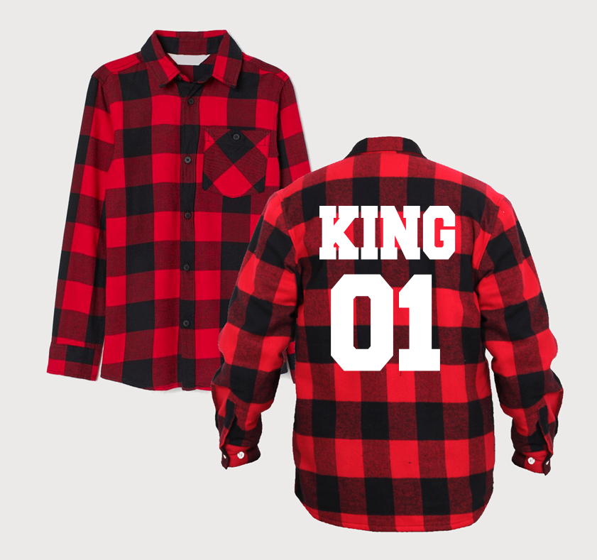 Koszula flanelowa w kartę czerwona z nadrukiem KING 01 dla par zakochanych dla niego walentynki prezent.png