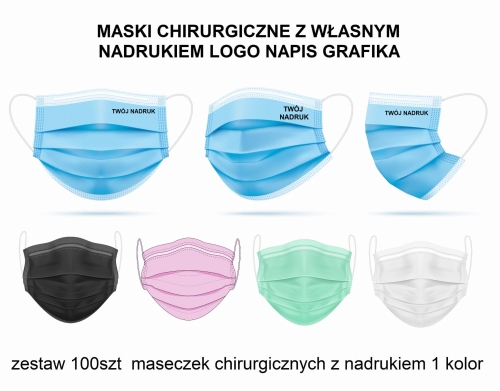 MASECZKI CHIRURGICZNE Z NADRUKIEM maski ochronne jednorazowe z logo FFP2 zestaw 100szt