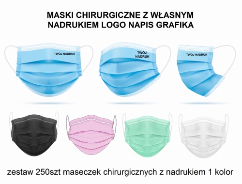 MASECZKI CHIRURGICZNE  FFP2 Z NADRUKIEM LOGO NAPIS  maski ochronne jednorazowe zestaw 250szt