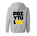 bluza damska z kapturem z nadrukiem PRZYTUL SIĘ dla par zakochanych dla niej walentynkowa prezent szara.png
