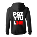 bluza damska z kapturem z nadrukiem PRZYTUL SIĘ dla par zakochanych dla niej walentynkowa prezent czarna.png