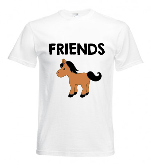 Biała koszulka/ t-shirt/ bluzka z napisem FRIENDS PRZYJACIELE i nadrukiem konika/ kucyka/ konia- bluzka dedykowana dla NAJLEPSZEJ PRZYJACIÓŁKI LUB DLA NAJLEPSZEGO PRZYJACIELA z ciekawym wzorem/ grafiką/ nadrukiem/ obrazkiem.