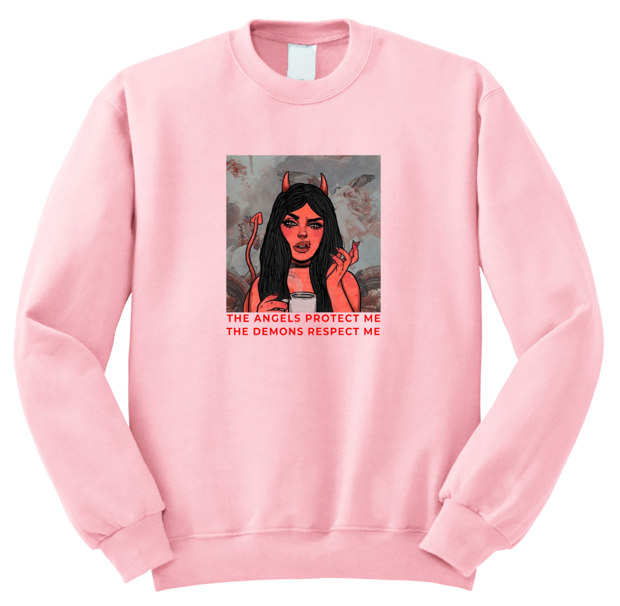 bluza THE ANGELS PROTECT ME THE DEMONS RESPECT ME diablica girl power z nadrukiem pudroworóżowa.png